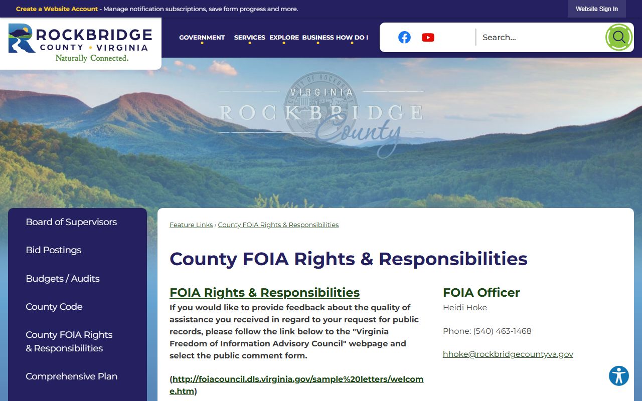 Rockbridge County FOIA page naming the county FOIA officer for public records requests